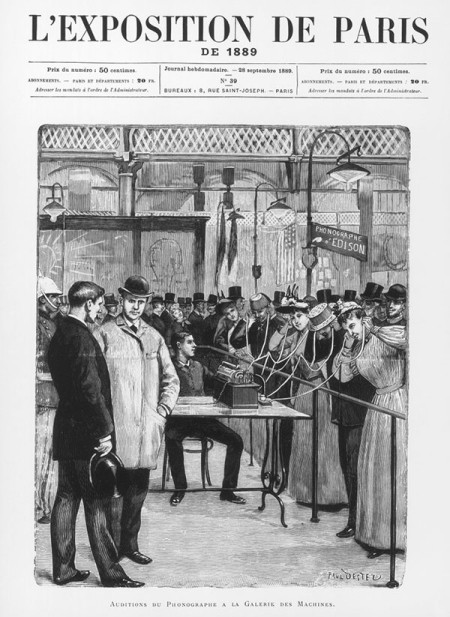 Illustration du phonographe présenté aux visiteurs de l'Exposition universelle de 1889.