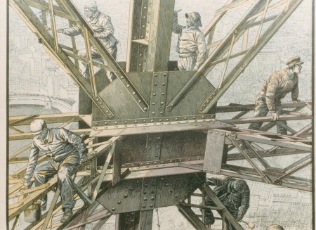 Gravure montrant des peintres sur la tour Eiffel