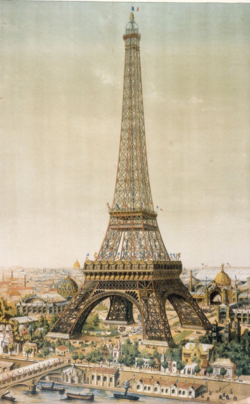 Gravure de la tour Eiffel pendant l'Exposition universelle de 1889